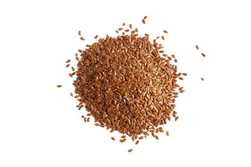 A small pile of flax seeds lies on a white background.