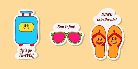 A collection of colourful, cartoon-style stickers, including luggage, sunglasses, and flip-flops. They express a theme of travel, vacation, and summer fun.