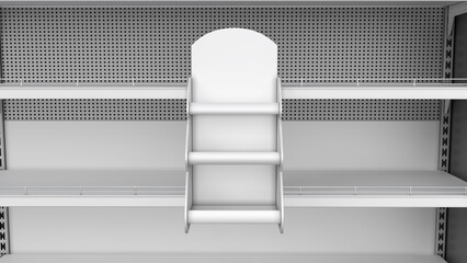 Retail empty shelves and hanging Christmas tree shaped display stand. 3d illustration