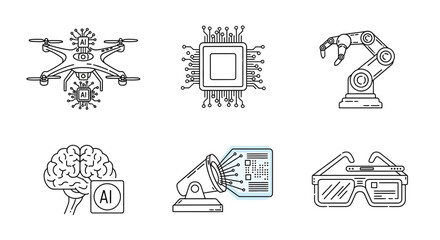 Obraz premium Outlined AI Technology Icons Depicting Robotics Drones and Brains