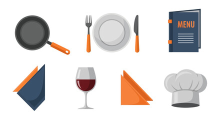 Restaurant Icons Pan Cutlery Menu Wine Napkins and Chefs Hat