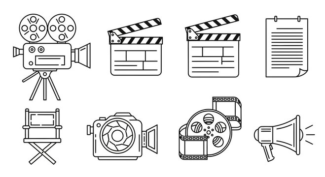 Outlined Film Production Icons Depicting Classic Movie Making Equipment