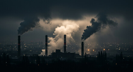 Obraz premium Nature background industrial pollution smog and smoke from factory chimneys at night environmental problems concept dark scene