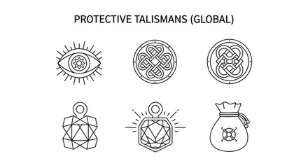 Symbolic Line Art of Protective Talismans and Ancient Symbols