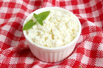 There is a white bowl of cottage cheese on a checkered tablecloth.