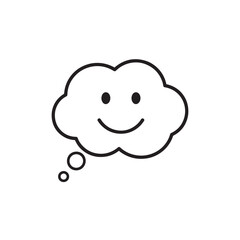 Vector art of a simple line drawing of a thought bubble with a happy smiley face inside, representing positive thinking, ideas, and joy
