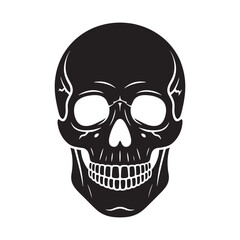 A stark black and white illustration of a human skull facing forward with detailed bone structure and empty eye sockets