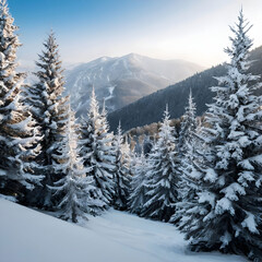 Vertical shot of snow covered trees in the mountains in winter