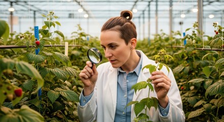 Medium shot of a scientist examining raspberry plants in a greenhouse focusing on pestresistant traits and hybrid breeding for natural insect defense.