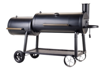 Black offset smoker barbecue grill, isolated on a transparent background. png