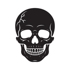 A stark black and white illustration of a human skull facing forward with visible teeth and eye sockets