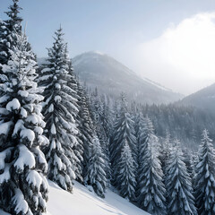 Vertical shot of snow covered trees in the mountains in winter