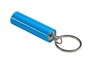 Blue battery shaped keychain with metal ring on white background