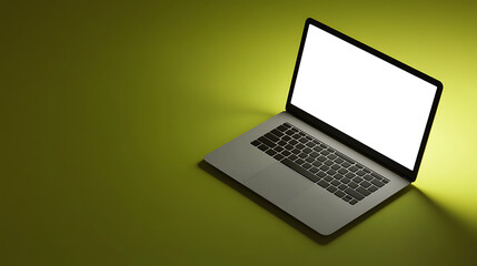 Sleek laptop with a blank white screen rests on a green surface, lit by a soft glow. A contemporary workspace ready for digital creations.