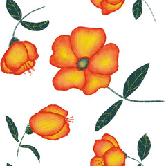 Seamless pattern with digital drawing of flowers in shades of red and yellow with green leaves on a white background