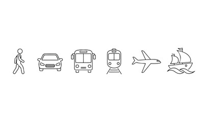 Simple line drawings of transportation methods and a person