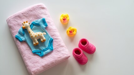 Baby items including a pink blanket blue onesie giraffe ducks and pink booties on white surface