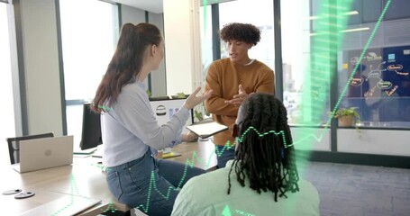 Woman explaining business tablet charts activating green line graph overlay for team collaboration - Powered by Adobe