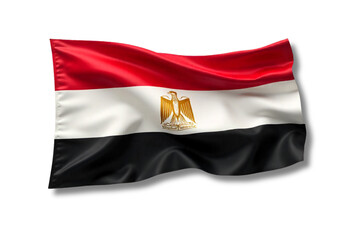 flag of Egypt, prominently displayed with its distinct colors and emblem. The flag features horizontal stripes of red, white, and black, with the national emblem centered on the white stripe.