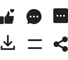 Social media buttons for saving, liking, commenting, and sharing in black vector design