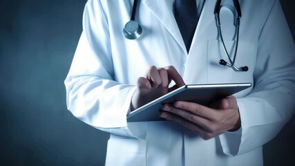 A doctor in white coat using a tablet computer with patient information displayed on the screen. - Powered by Adobe