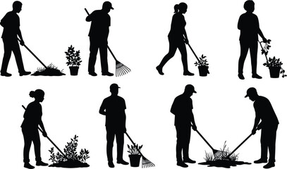 Gardening silhouettes, people with tools, raking leaves, watering plants, tending garden, outdoor lifestyle, horticulture, black figures, nature care, plant maintenance