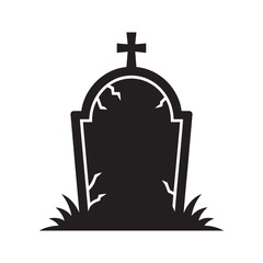 Black silhouette of a cracked tombstone with a cross and grass on a white background