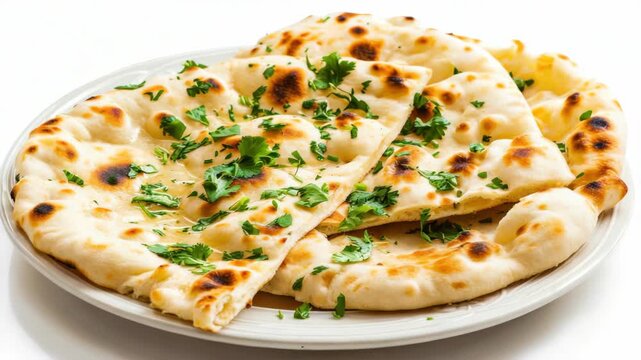 Close-up  of a delicious golden-brown flatbread with green herbs on top, served on a white plate.