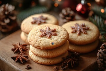Fototapeta premium cookies on wooden board surrounded by Christmas decor.