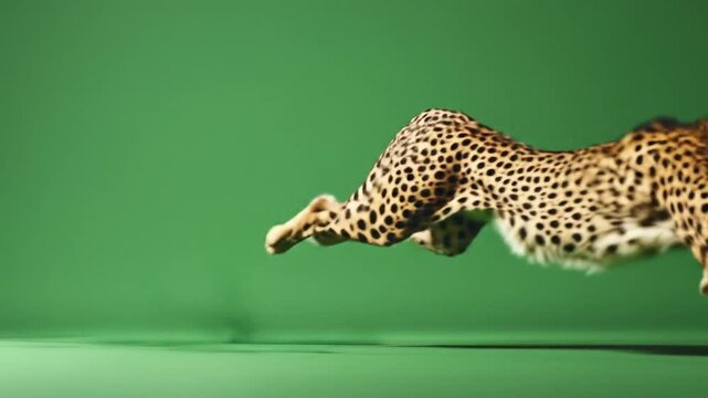 Running cheetah on green background studio shot