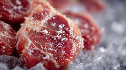 Macro view of chilled chicken cuts glistening with frost on ice layer, precise texture details enhancing premium cooking ingredient concept