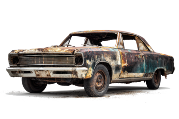 Old rusty abandoned car with peeling paint on a white background