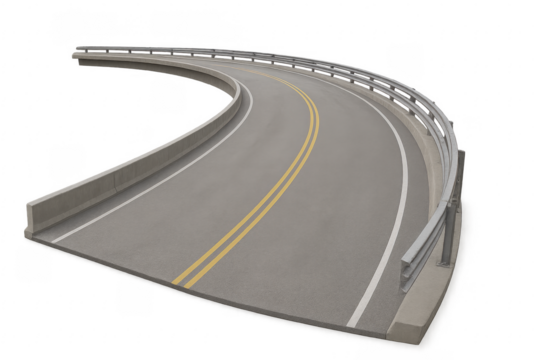 Curved highway road turning with guardrail on transparent background