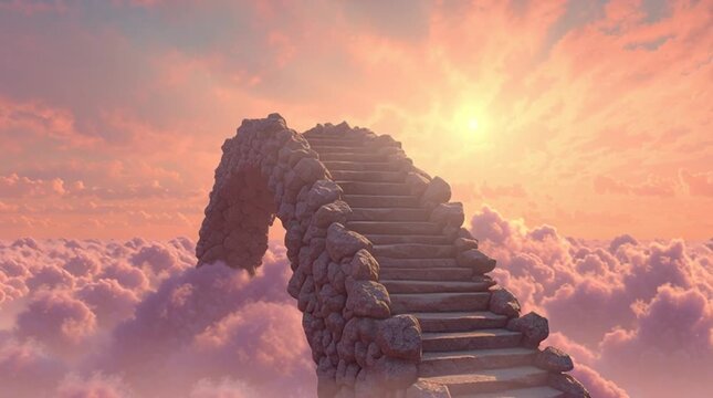 Serene, symbolic scene of an ancient stone spiral staircase rising through soft clouds toward a warm, glowing sun in a pastel sky, evoking hope, ascension, spiritual journey, and transcendence.