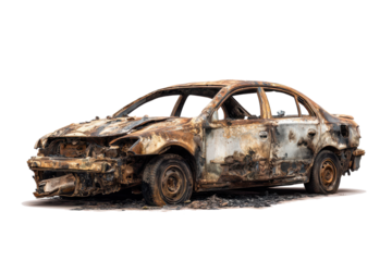 Abandoned burnt out car on a white background with debris