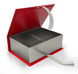 Realistic open gift red and silver cardboard box with flip lid and ribbons. 3d illustration on white background