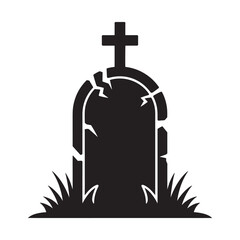 Silhouette of a cracked tombstone with a cross and grass against a white background