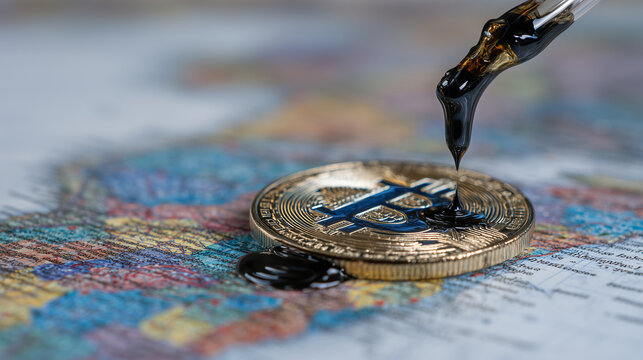 Macro shot of glossy crude oil dripping across a reflective Bitcoin coin resting on a colorful world map, merging cryptocurrency and oil industry themes