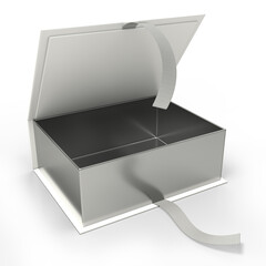 Realistic open gift silver cardboard box with flip lid and ribbons. 3d illustration on white background