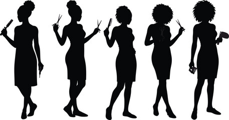 Hairstylist silhouettes with scissors, combs, hairdryer, professional barber tools, salon workers, beauty industry, fashion styling, modern haircut design, teamwork, creativity