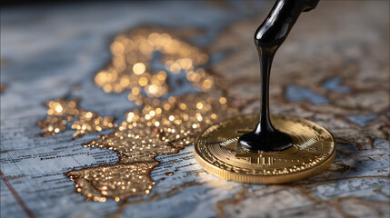 Dark oil stream pouring from above onto luminous golden Bitcoin, positioned on vintage world map under dramatic lighting