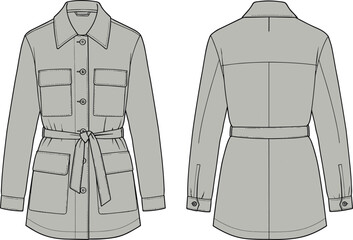 Naklejka premium CAD drawing flat vector illustration of fashionable women’s long sleeve jacket with front pockets, belt tie waist, back view, garment design