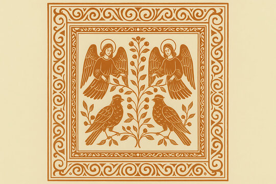 Slavic Mythology Alkonost Bird-Women in Ornamental Frame Vector Vintage Folk Art Square Design with Berries