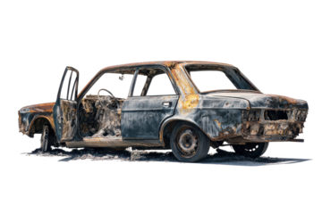 Watercolor painting of a heavily rusted and damaged vintage car with open doors