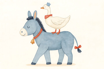 Fototapeta premium Watercolor donkey with goose cute farm animals illustration 
