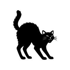 Arched back black cat silhouette for halloween decoration and spooky theme design isolated on white background in cartoon vector style with feline expression
