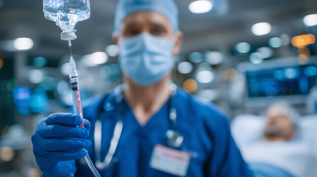 Close-up of a healthcare professional in blue scrubs adjusting an IV drip in a bright hospital room, soft medical lighting emphasizing precision and patient care