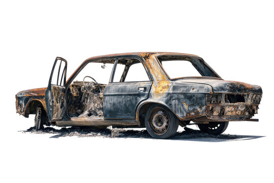 Watercolor painting of a heavily rusted and damaged vintage car with open doors