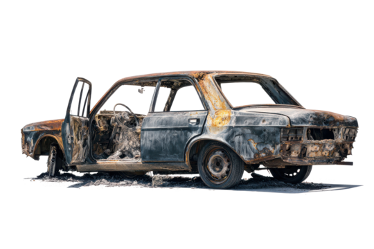 Watercolor painting of a heavily rusted and damaged vintage car with open doors