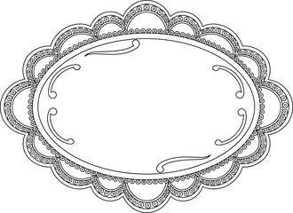 Decorative Oval with Scalloped Edges and Filigree Accents in Black Outline